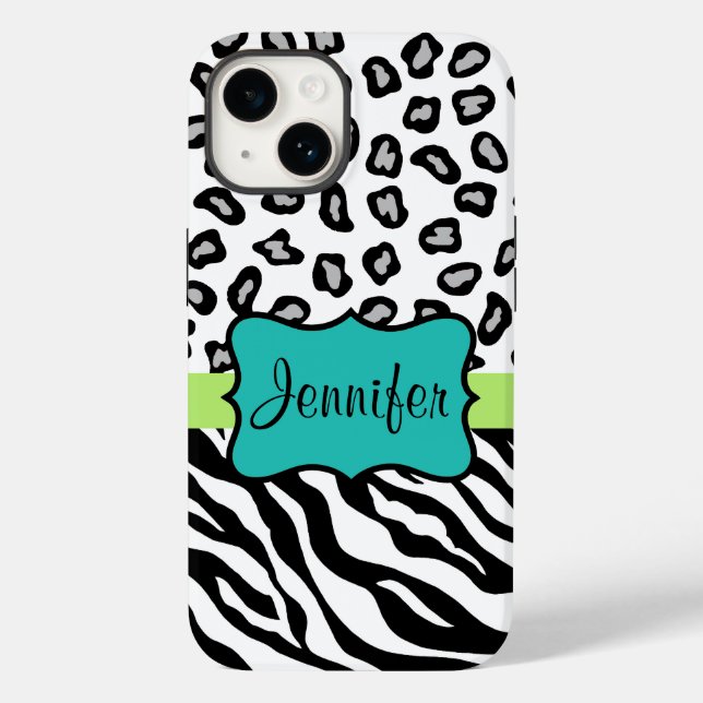Zebra Cheetah Leopard Skin Schwarz-weißer Aquamari Case-Mate iPhone 14 Hülle (Rückseite)