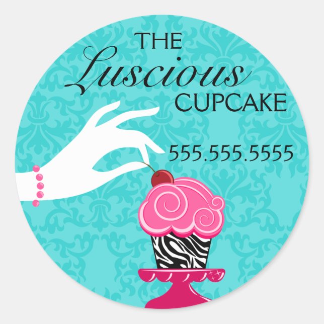 Zebra Cupcake Turquoise Damask Bäckereien Siegel Runder Aufkleber (Vorderseite)