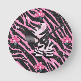 Zebra & Cupcakes Pink & Black Glitzer Tierdrucken Runde Wanduhr