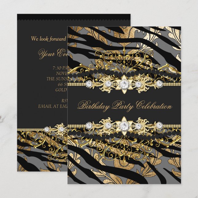 Zebra Damask Gold Schwarzer Wald Beige Elegantes P Einladung (Vorne/Hinten)