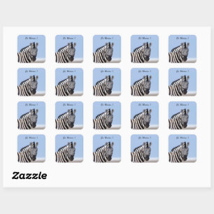 Zebra, die Sie mit blauen Himmelstext-Foto anschau Quadratischer Aufkleber