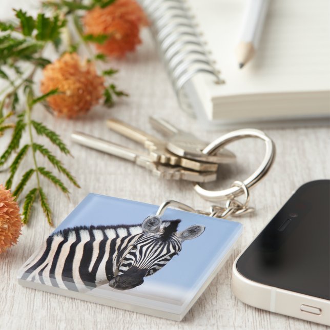 Zebra, die Sie mit blauen Himmelstext-Foto anschau Schlüsselanhänger (Vorderseite rechts)