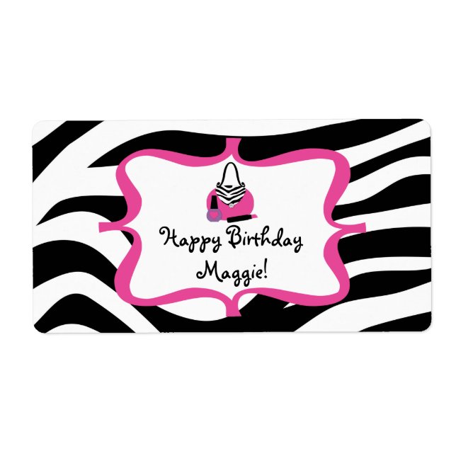 Zebra Diva Spa Birthday Water Bottle Étiquette (Devant)