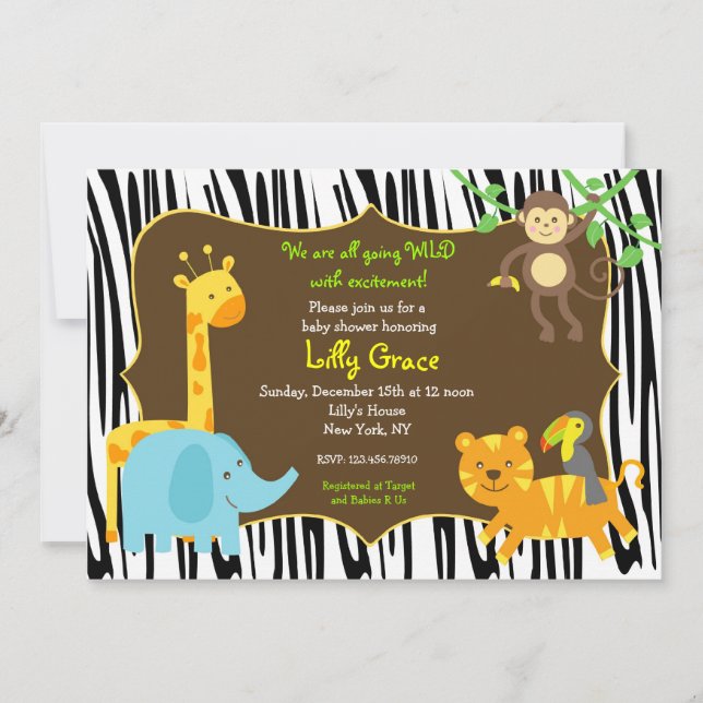 Zebra-Druck-Dschungel-Safari-Tier-Babyparty Einladung (Vorderseite)