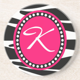 Zebra-Druck-heißes Rosa-Kreis-mit Monogramm Sandstein Untersetzer