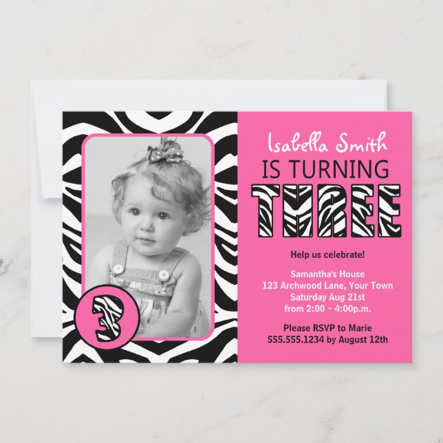 Zebra-Druck-Rosa-Mädchen-dritter Geburtstag Einladung (Vorderseite)