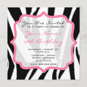 Zebra-Druck u. rosa Kuchen-Geburtstags-Party laden Einladung
