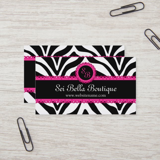 Zebra-Druck u. rosa Spitze-Monogramm Visitenkarte (Vorderseite/Rückseite Beispiel)