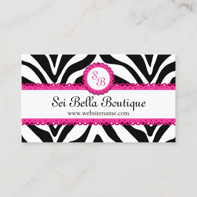 Zebra-Druck u. rosa Spitze-Monogramm Visitenkarte (Vorderseite)