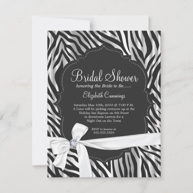 Zebra-Druck-weiße Band-u. Diamant-Mode Braut Einladung (Vorderseite)