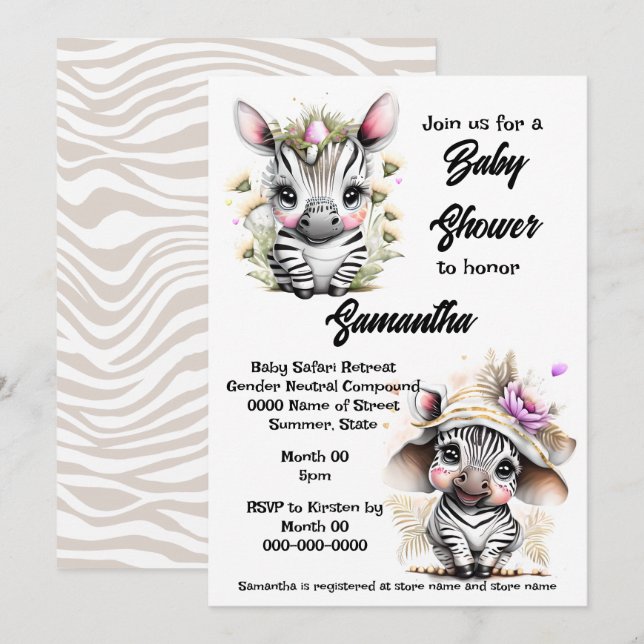 Zebra Dschungelsafari Baby Dusche wilde Tiere Einladung (Vorne/Hinten)