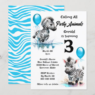 Zebra-Dschungelsafari-Jungen Geburtstag blauer Par Einladung