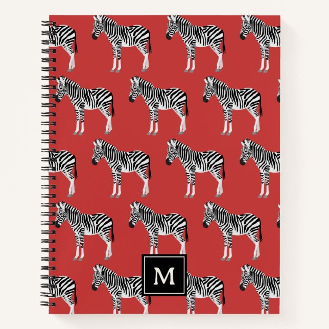 Zebra Exotic Animal Muster Deep Red Monogram Notizbuch (Vorderseite)
