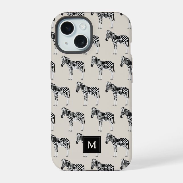 Zebra Exotic Animal Pattern Beige Monogramm iPhone 15 Hülle (Rückseite)