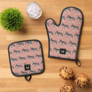 Zebra Exotic Animal Pattern Blush Pink Monogramm Ofenhandschuh & Topflappen-Set
