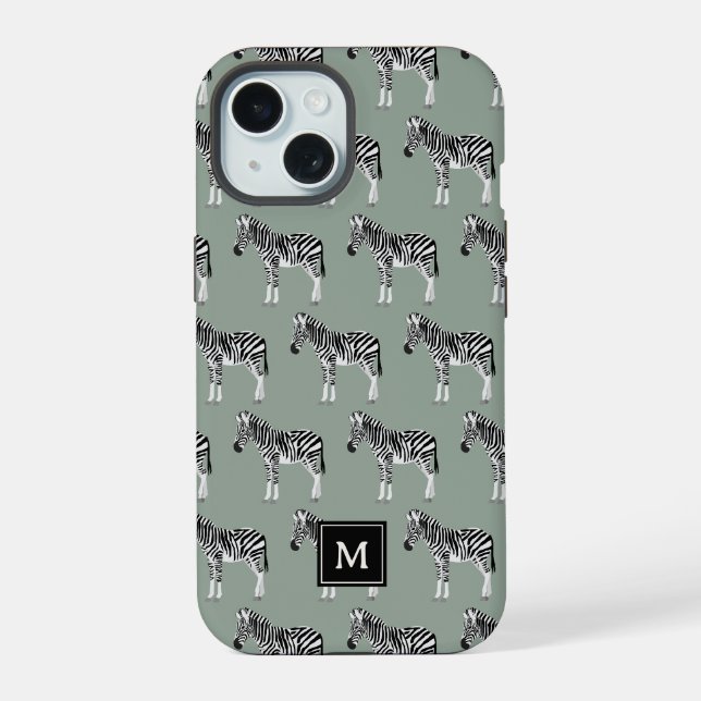 Zebra Exotic Animal Pattern Sage Green Monogram iPhone 15 Hülle (Rückseite)