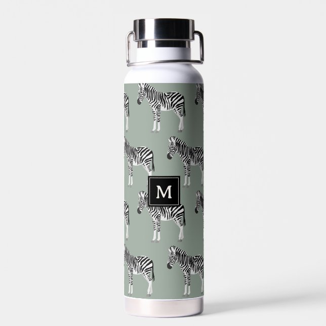 Zebra Exotic Animal Pattern Sage Green Monogram Trinkflasche (Rückseite)