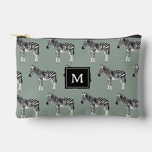 Zebra Exotic Animal Pattern Sage Green Monogram Zubehörtasche (Vorderseite)