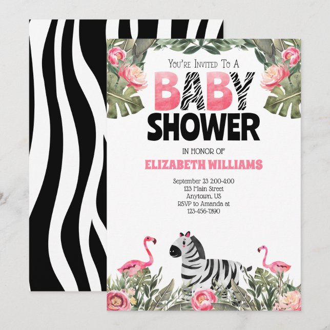 Zebra Flamingos Pink Black Baby Dusche Einladung (Vorne/Hinten)