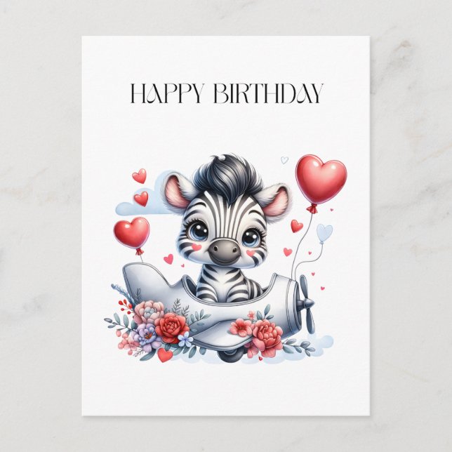 Zebra-Flugzeug-Geburtstag Feiertagspostkarte (Vorderseite)