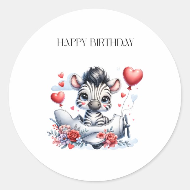 Zebra-Flugzeug-Geburtstag Runder Aufkleber (Vorderseite)