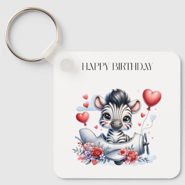 Zebra-Flugzeug-Geburtstag Schlüsselanhänger (Vorderseite)