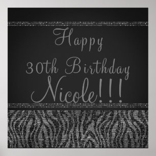 Zebra Funkel Silber Schwarz Glam Chic Party-Banner Poster