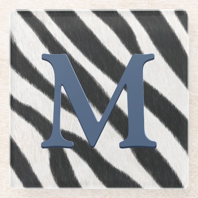 Zebra Fur Animal Print Blue Gray Monogram Glasuntersetzer (Vorderseite)