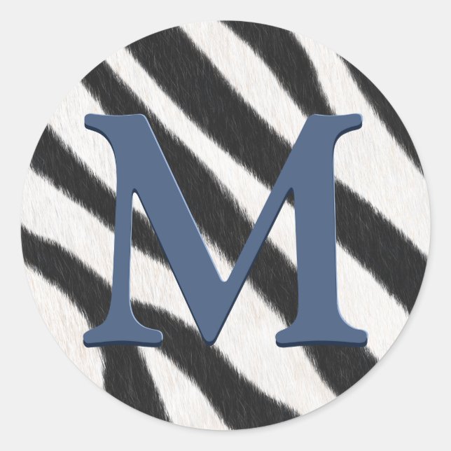 Zebra Fur Animal Print Blue Gray Monogram Runder Aufkleber (Vorderseite)