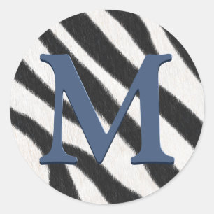 Zebra Fur Animal Print Blue Gray Monogram Runder Aufkleber