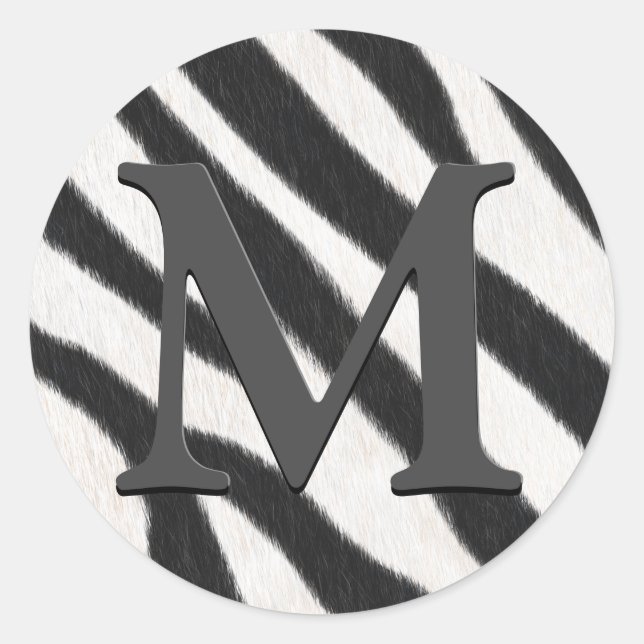 Zebra Fur Realistisches Tierdruckgrau Mit Monogram Runder Aufkleber (Vorderseite)