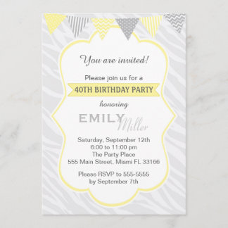 Zebra-gelbes Grau-40. Geburtstags-Party Einladung