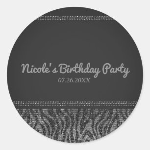 Zebra Glanz Silber & Schwarz Glam Party Geschenk Runder Aufkleber