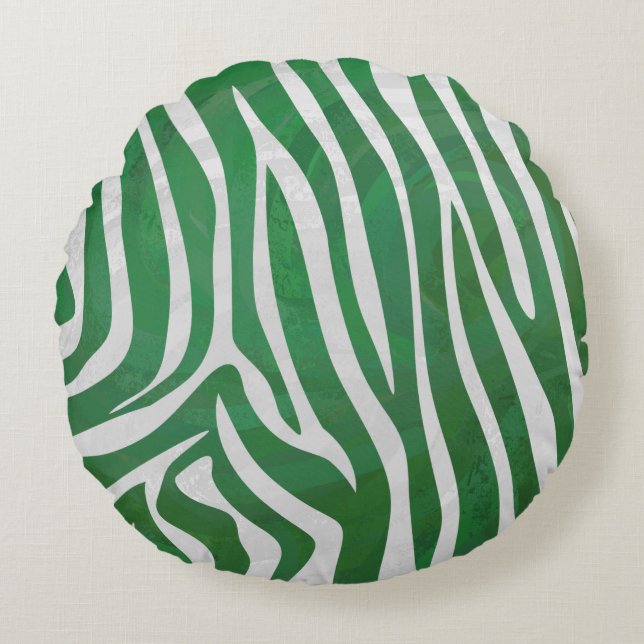 Zebra Green und White Print Rundes Kissen (Vorderseite)
