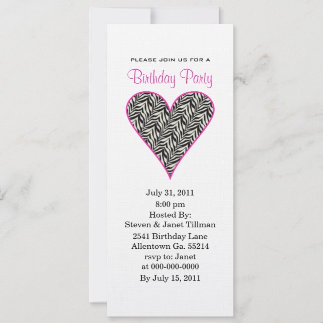 Zebra-Herz-Party Einladungen (Vorderseite)