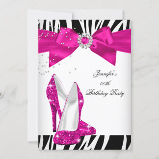 Zebra Hot Pink High Heel Shoe Black Birthday Bow Einladung