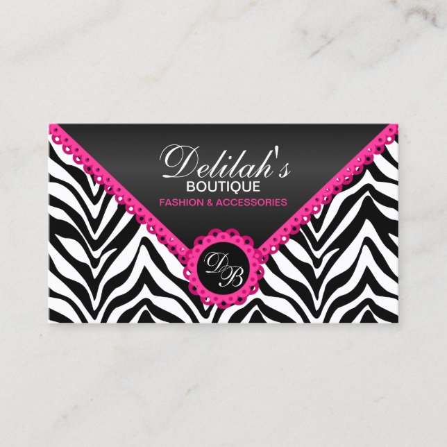 Zebra Hot Pink Lace Black Shimmer Look Monogramm Visitenkarte (Vorderseite)