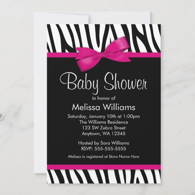 Zebra Hot Pink Printed Bow Babydusche Einladung (Vorderseite)