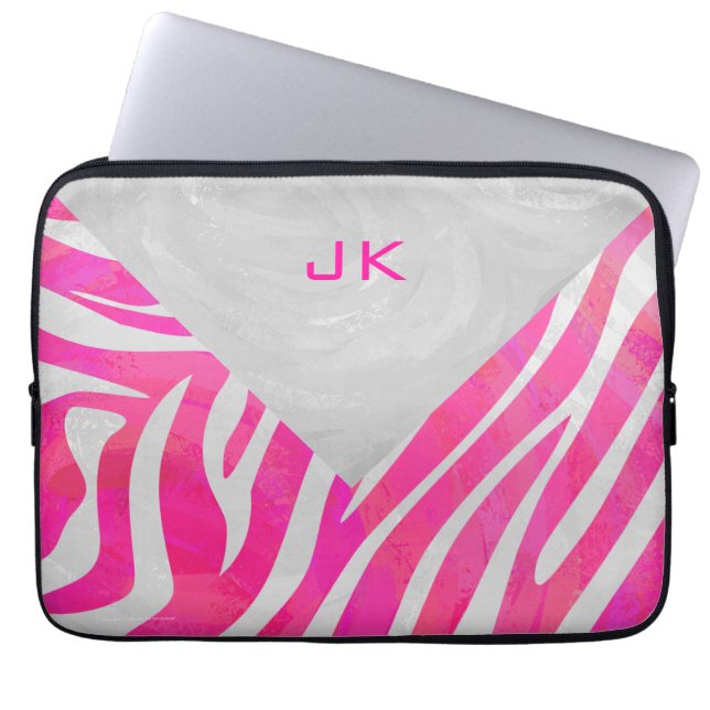 Zebra Hot Pink und Weiß mit Monogramm Laptopschutzhülle (Vorderseite)