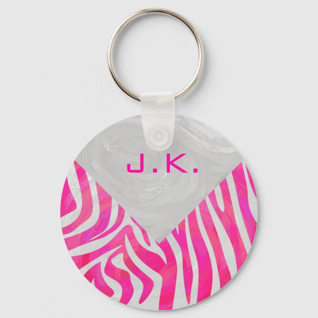 Zebra Hot Pink und Weiß mit Monogramm Schlüsselanhänger (Vorderseite)