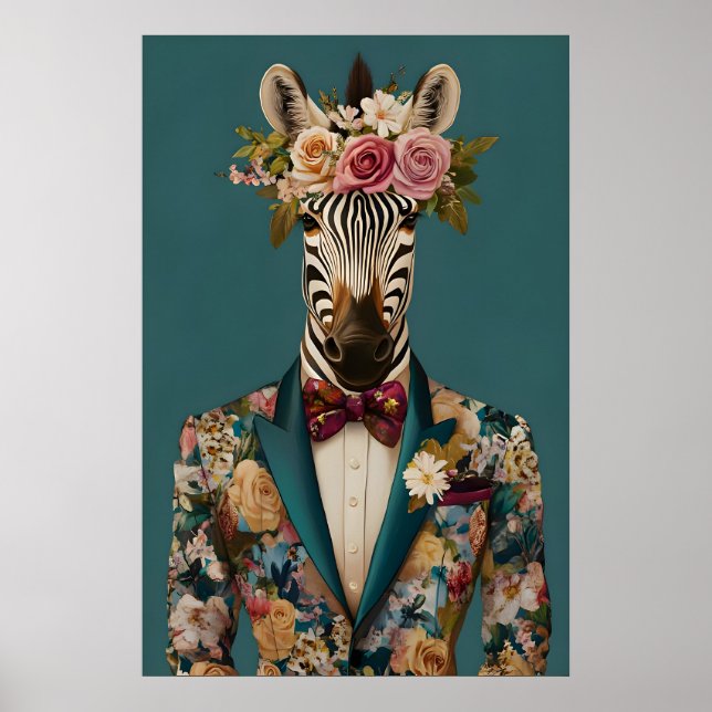 Zebra im Anzug Poster, Zebra Portrait, Zebra Öl Poster (Vorne)
