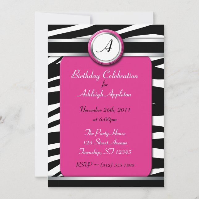 Zebra Imprimer Monogramme Fuchsia Invitations d'an (Devant)