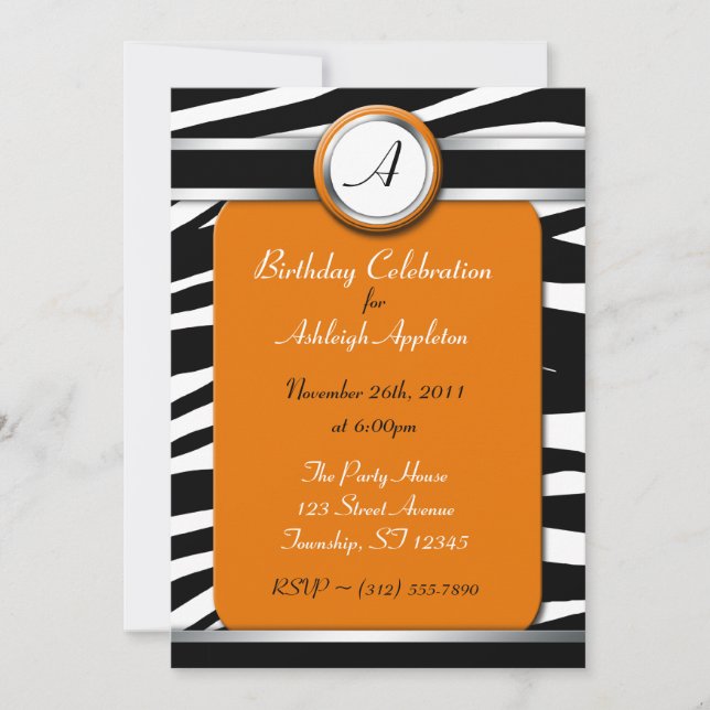 Zebra Imprimer Monogramme Orange Invitations d'ann (Devant)