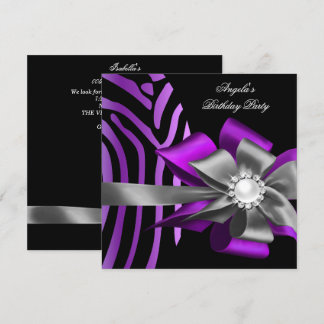 Zebra Lila Black Silver Bow Pearl Birthday Einladung