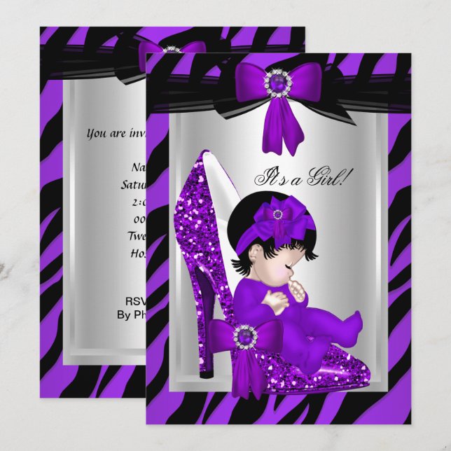 Zebra Lila High Heels Kinderdusche Brünette Girl Einladung (Vorne/Hinten)