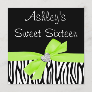 Zebra Lime Green Bow Diamond Sweet 16 Einladungen