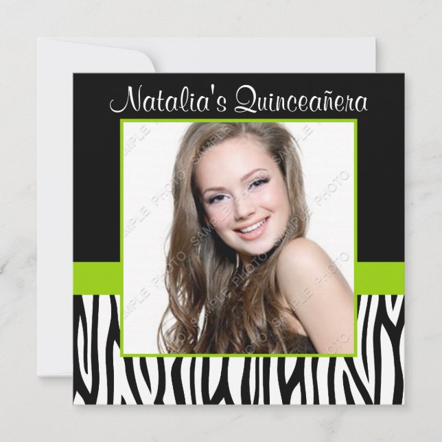 Zebra Lime Green Foto Quinceanera Einladungen (Vorderseite)