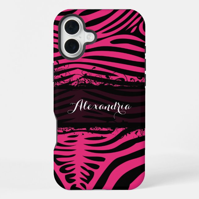 Zebra Lovers Pattern Pink und Schwarz iPhone 16 Plus Hülle (Rückseite)