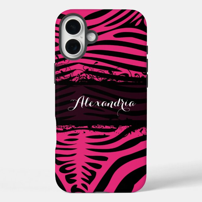 Zebra Lovers Pattern Pink und Schwarz iPhone 16 Plus Hülle (Rückseite)
