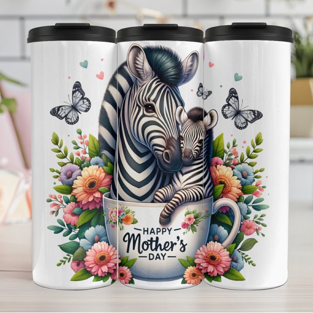 Zebra-Mama: Fohlen, Blume, Muttertag Thermosbecher (Von Creator hochgeladen)